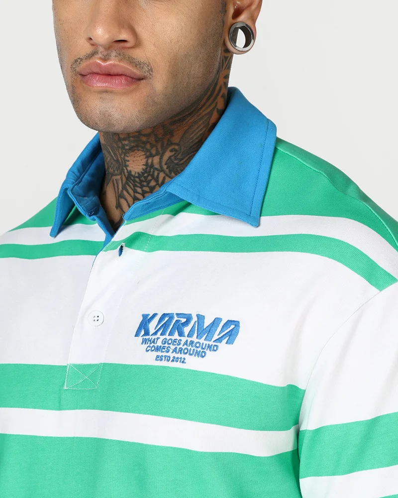 بيواكوف Men's Green & White Color Block Oversized Polo T-shirt
